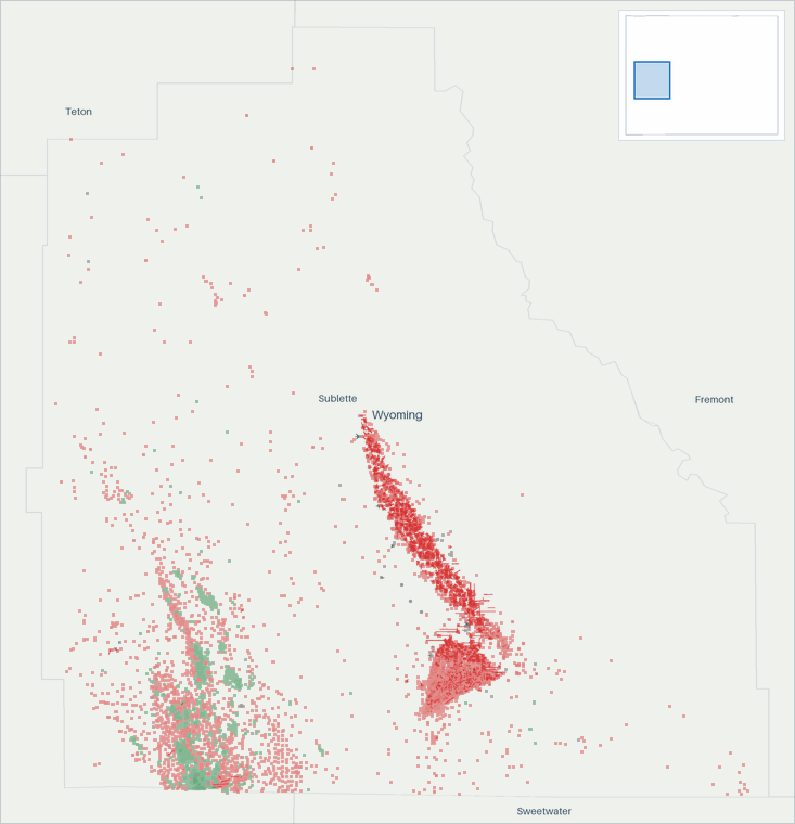 Well map of Sublette County, Wyoming. The full map is further down this page.