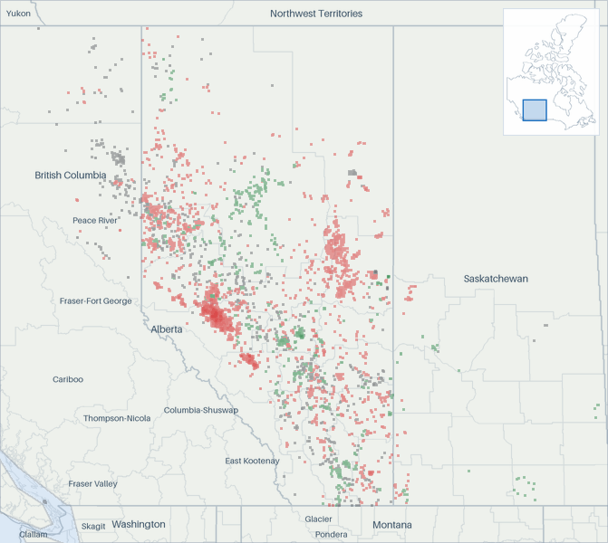 Well map of Peyto Exploration & Development. The full map is further down this page.