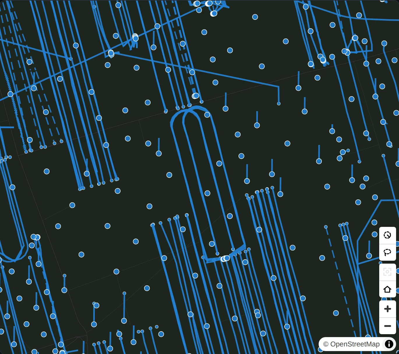 Upton County, Texas, close up: horizontal wells along the as-drilled paths of their directional surveys.