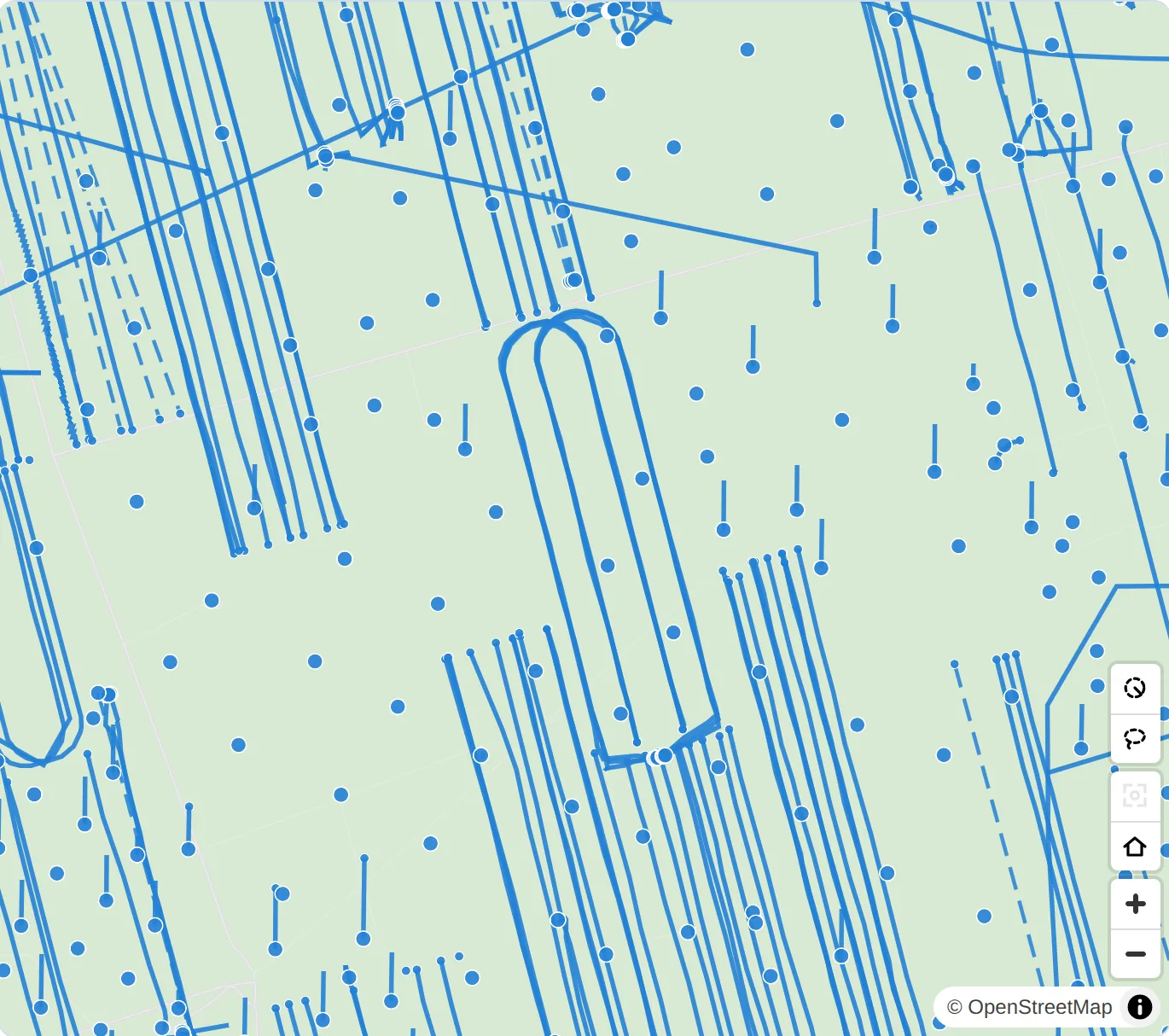 Upton County, Texas, close up: horizontal wells along the as-drilled paths of their directional surveys.