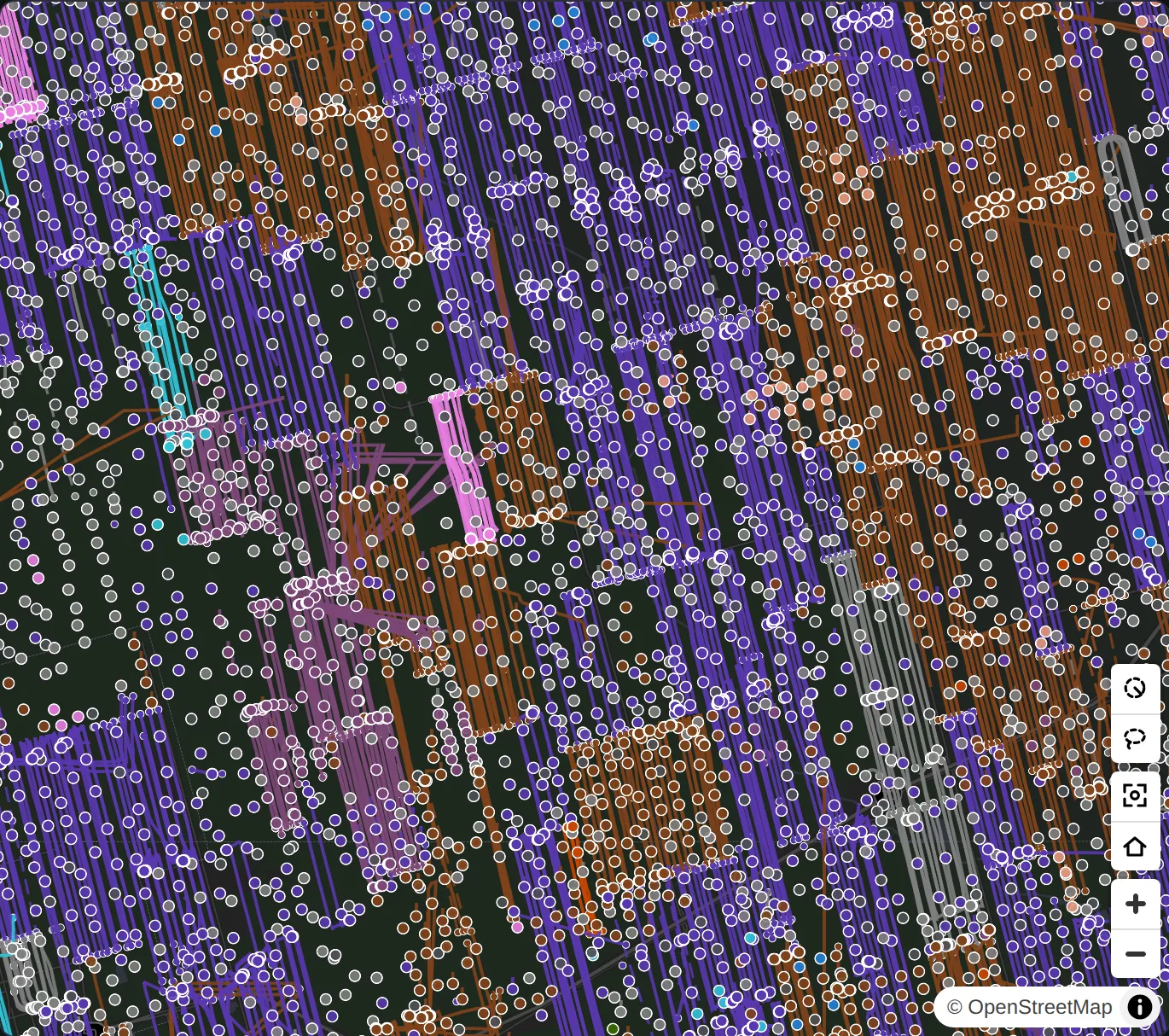 A stretch of the Midland Basin core, colored by current operator: the basin's operators with the most wells each draw in their own color.