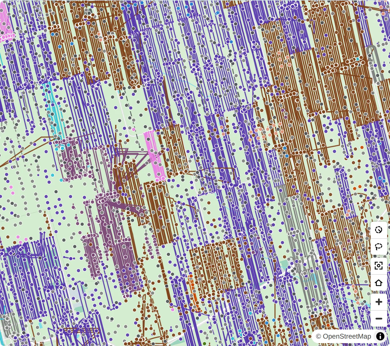 A stretch of the Midland Basin core, colored by current operator: the basin's operators with the most wells each draw in their own color.