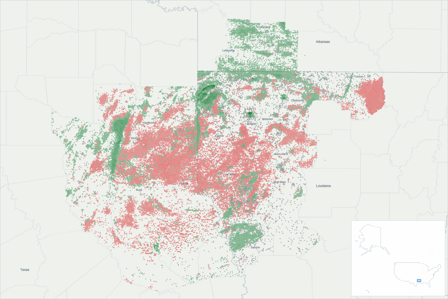 A map of 135,277 well locations in the Haynesville supply area, each drawn where it is and colored by primary product.
