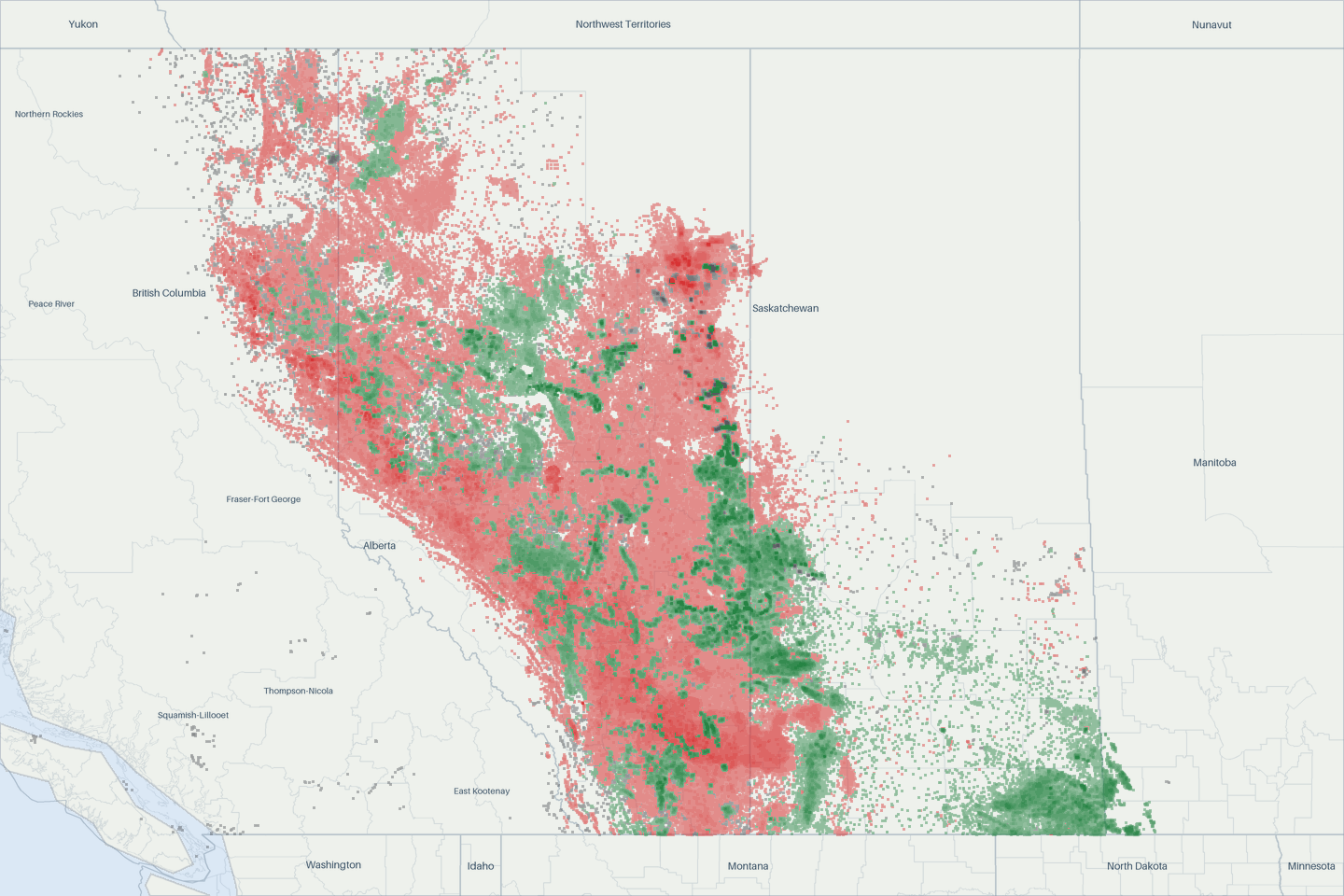 A map of 674,631 well locations across Canada, each drawn where it is and colored by primary product.