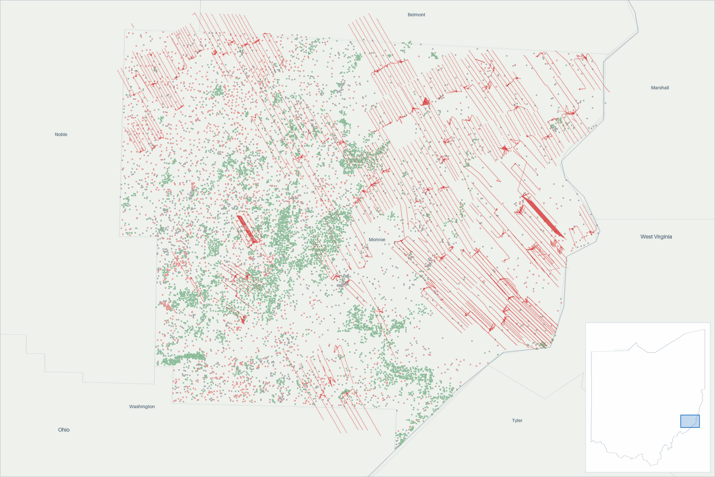 A map of 10,793 well locations in Monroe County, Ohio, each drawn where it is and colored by primary product.