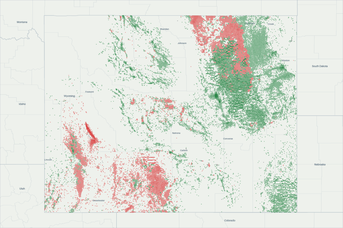 A map of 210,485 well locations in Wyoming, each drawn where it is and colored by primary product.